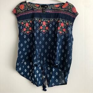AQUA Boho Cropped High Low Floral Rayon Sleeveless Blue Top Women’s Size S